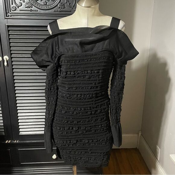 Hervé Léger Puckered Ruffle-Trim Mini Long Sleeve Cocktail Dress L - Picture 2 of 10